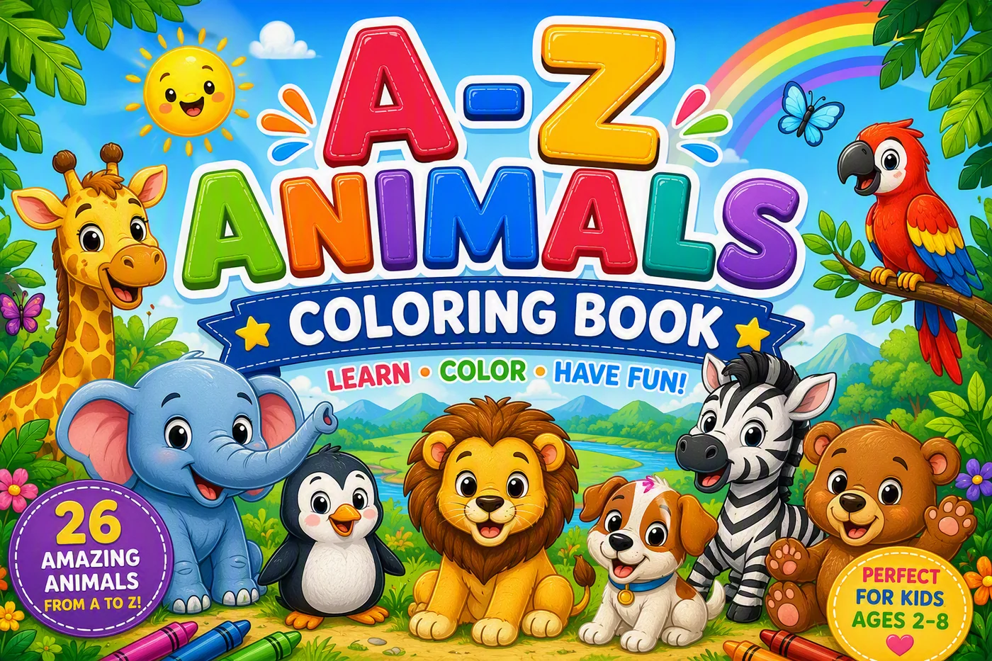A–Z Animals Coloring Book cover: a smiling giraffe, elephant, penguin, lion, puppy, zebra, bear and parrot under a rainbow. 26 amazing animals from A to Z. Perfect for kids ages 2 to 8.